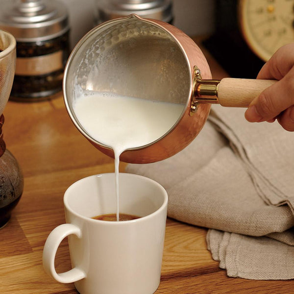 Chitose Wooden-Handled Hammered Copper Milk Pan With Pouring Lip 12cm