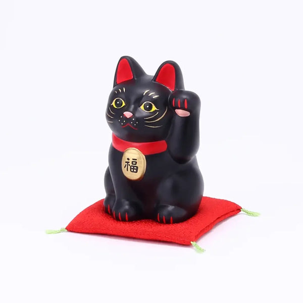 Handmade Japanese Maneki Neko Lucky Cat Ceramic Figurine Black 8cm