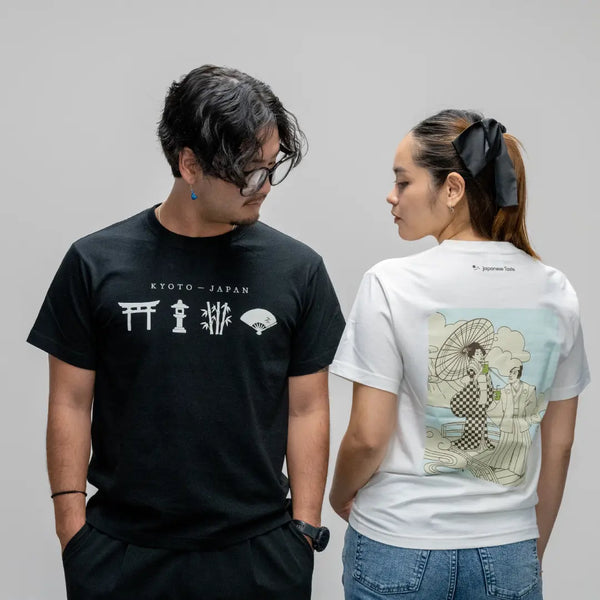 J Taste T-Shirt Geisha & Samurai Sipping Matcha White