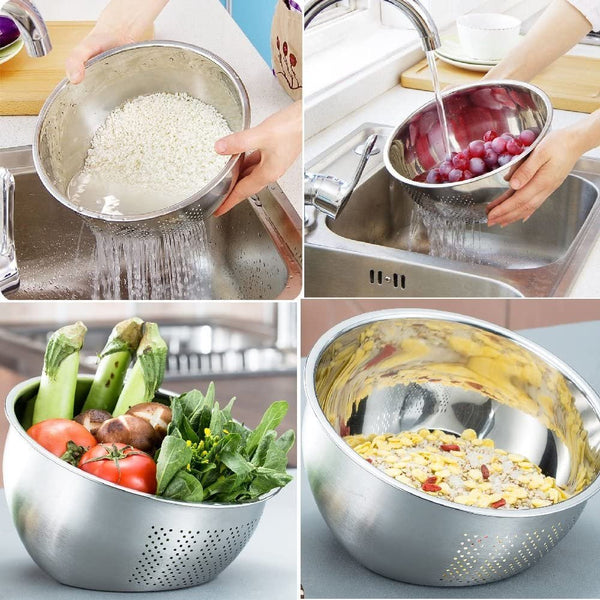 Maruefu Stainless Steel 3-Way Rice Washing Bowl With Strainer