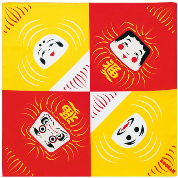 Furoshiki Four Daruma Dolls Red Yellow Cotton Wrapping Cloth 48cm