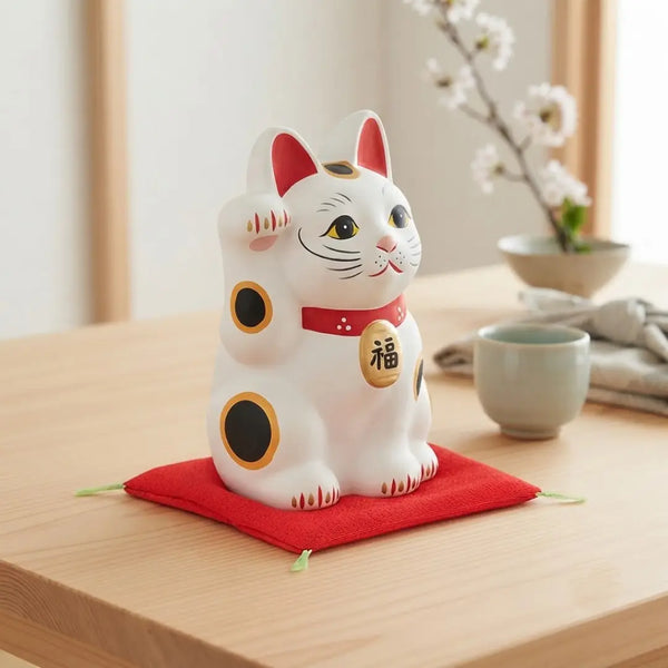 Handmade Japanese Maneki Neko Lucky Cat Ceramic Figurine White 12.5cm