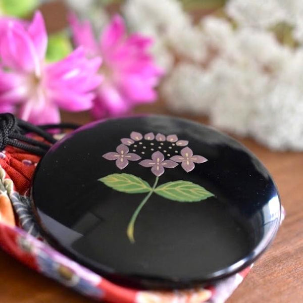 Isuke Compact Hand Mirror Hydrangea Pattern Lacquer Mirror With Bag