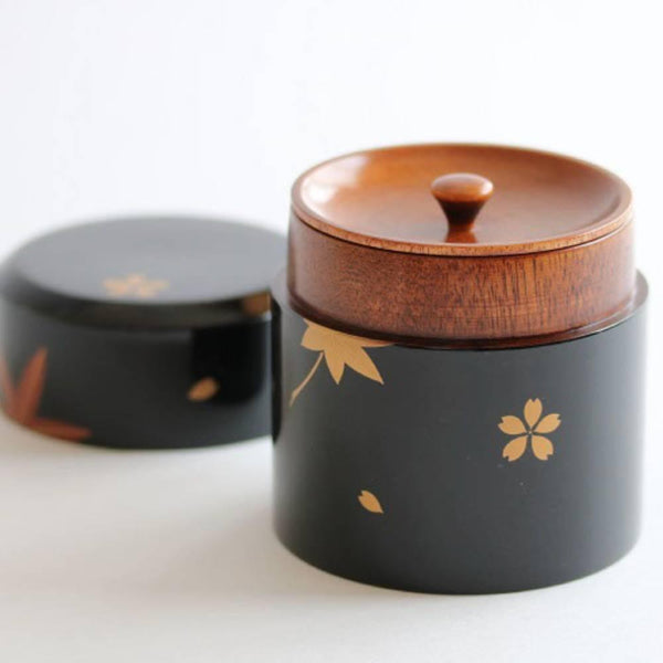Isuke Lacquered Tea Caddy Maple & Cherry Blossom Canister