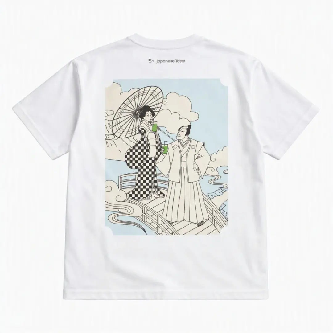 J Taste T-Shirt Geisha & Samurai Sipping Matcha White