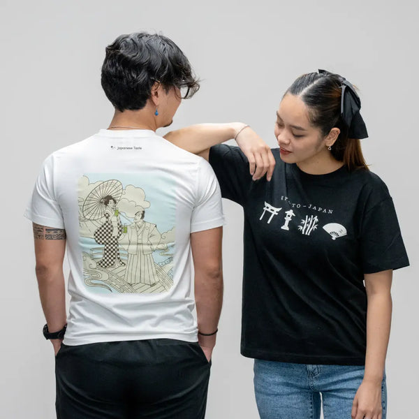 J Taste T-Shirt Geisha & Samurai Sipping Matcha White