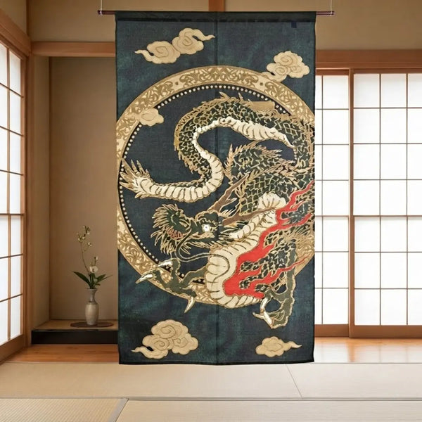 Noren Gold Woven Doorway Curtain Japanese Flying Dragon Design 85x150cm